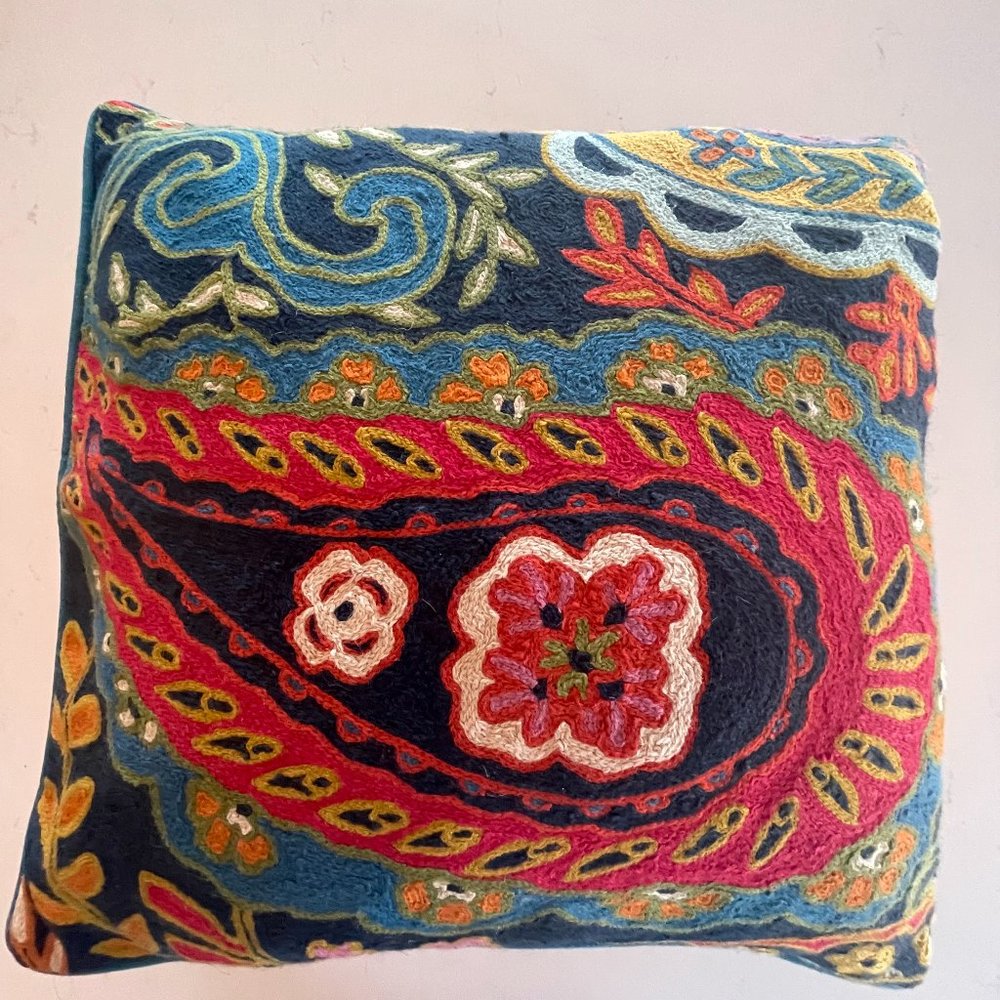 Anthropologie decorative, multi-color, boho Accent pillow, hand-embroidered